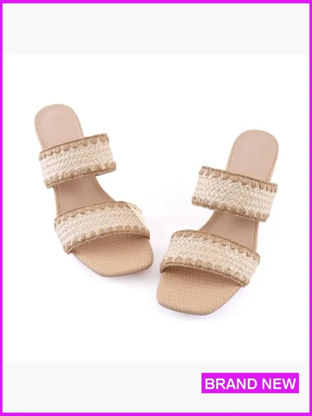 Woven Strappy Heeled Sandals Chunky Block Heel Square Toe Slip On Mules
